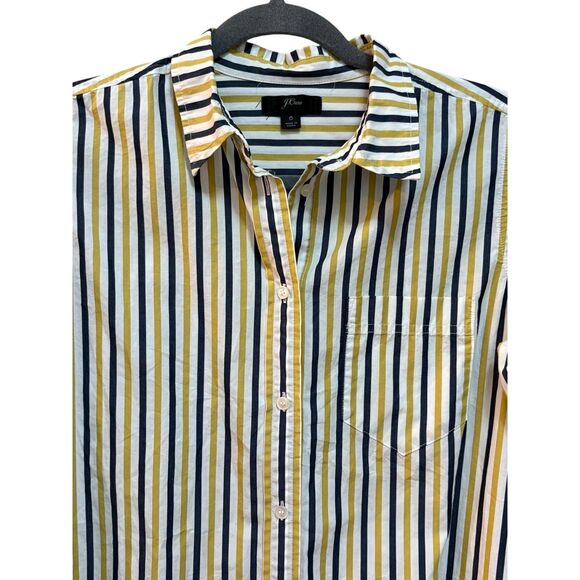 J Crew Shirt Womens 6 White Yellow Navy Stripe Button Front Long Sleeve Cotton - Picture 2 of 5